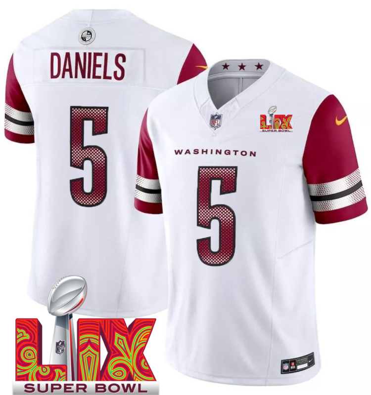 Men's Washington Commanders #5 Jayden Daniels White F.U.S.E. 24/25 Super Bowl LIX Vapor Untouchable Limited Stitched Football Jersey Men's Washington Commanders #5 Jayden Daniels White F.U.S.E. 24/25 Super Bowl LIX Vapor Untouchable Limited Stitched Football Jersey