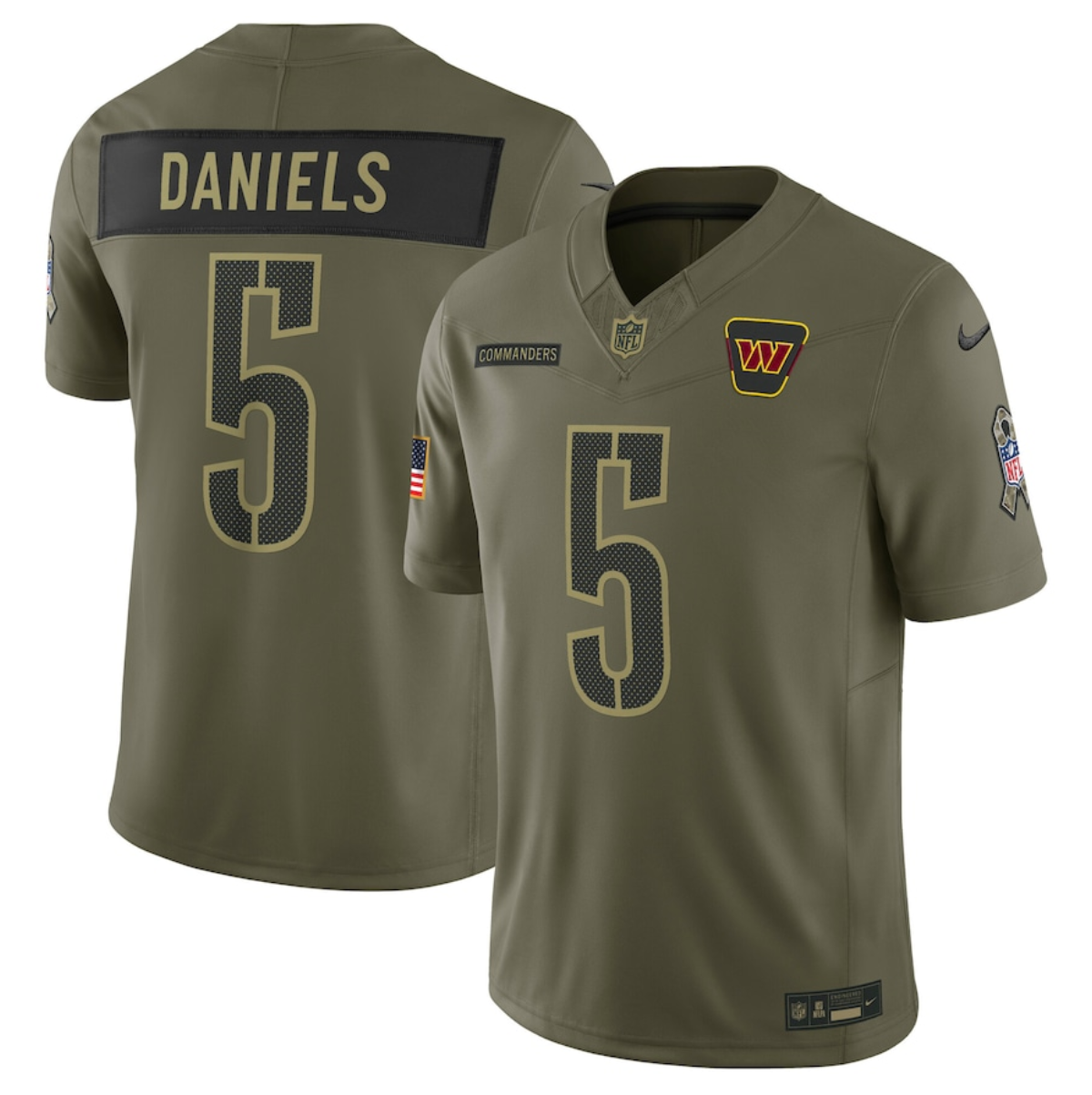Men's Washington Commanders #5 Jayden Daniels Olive 2025 Salute to Service Limited Stitched Football Jersey