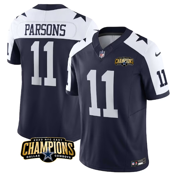 Men's Dallas Cowboys #11 Micah Parsons Navy/White 2023 F.U.S.E. NFC East Champions Patch Stitched Football Jersey