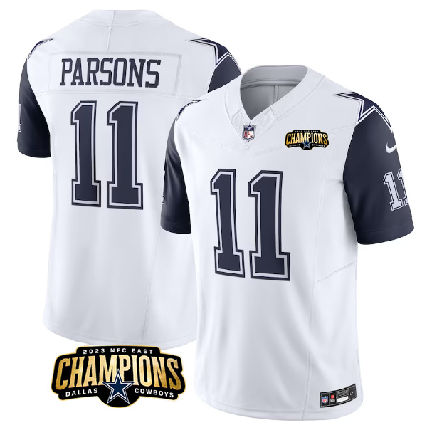 Men's Dallas Cowboys #11 Micah Parsons White/Navy 2023 F.U.S.E. NFC East Champions Patch Stitched Football Jersey