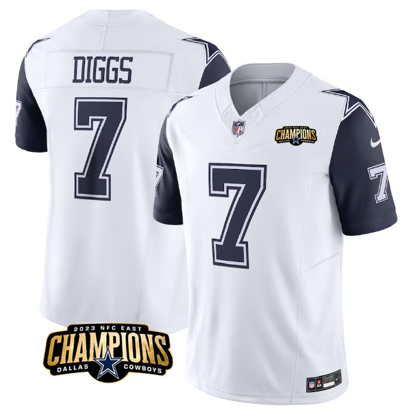 Men's Dallas Cowboys #7 Trevon Diggs White/Navy 2023 F.U.S.E. NFC East Champions Patch Stitched Football Jersey