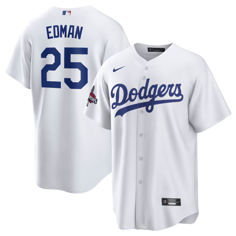 Men's Los Angeles Dodgers #25 Tommy Edman White 2024 World Series Champions Cool Base Stitched Baseball Jersey Men's Los Angeles Dodgers #25 Tommy Edman White 2024 World Series Champions Cool Base Stitched Baseball Jersey