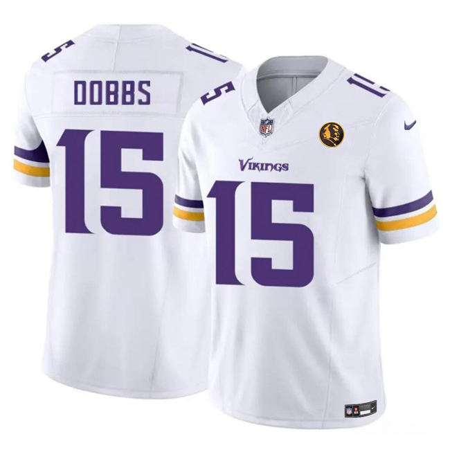 Men's Minnesota Vikings #15 Josh Dobbs Purple White 2023 F.U.S.E. With John Madden Patch Vapor Limited Stitched Football Jersey