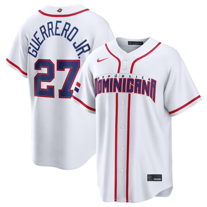 Men's Dominican Republic Baseball #27 Vladimir Guerrero Jr. White 2026 World Baseball Classic Home Stadium Stitched Jersey Men's Dominican Republic Baseball #27 Vladimir Guerrero Jr. White 2026 World Baseball Classic Home Stadium Stitched Jersey