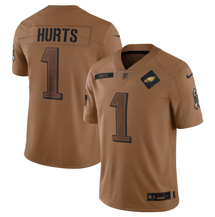 Men's Philadelphia Eagles #1 Jalen Hurts 2023 Brown Salute To Service Limited Football Jersey