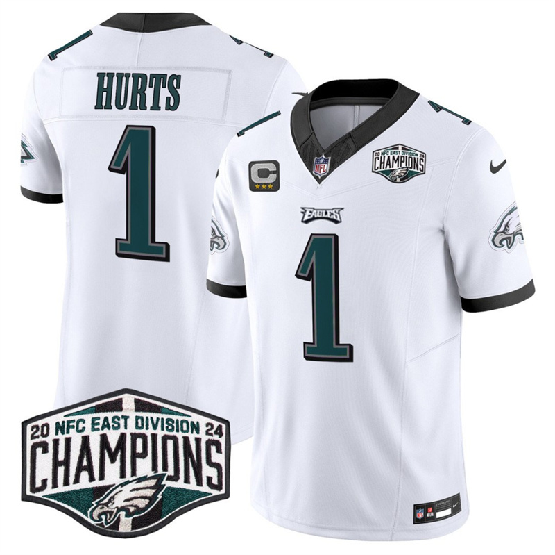 Men's Philadelphia Eagles #1 Jalen Hurts White 2024 NFC East Champions With 4-Star C Patch F.U.S.E. Vapor Untouchable Limited Stitched Football Jersey Men's Philadelphia Eagles #1 Jalen Hurts White 2024 NFC East Champions With 4-Star C Patch F.U.S.E. Vapor Untouchable Limited Stitched Football Jersey