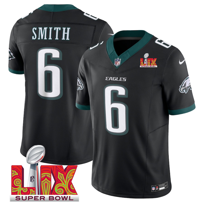 Men's Philadelphia Eagles #6 DeVonta Smith Black F.U.S.E. 24/25 Super Bowl LIX Vapor Untouchable Limited Stitched Football Jersey Men's Philadelphia Eagles #6 DeVonta Smith Black F.U.S.E. 24/25 Super Bowl LIX Vapor Untouchable Limited Stitched Football Jersey