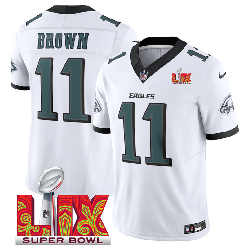Men's Philadelphia Eagles #11 A.J. Brown White F.U.S.E. 24/25 Super Bowl LIX Vapor Untouchable Limited Stitched Football Jersey Men's Philadelphia Eagles #11 A.J. Brown White F.U.S.E. 24/25 Super Bowl LIX Vapor Untouchable Limited Stitched Football Jersey