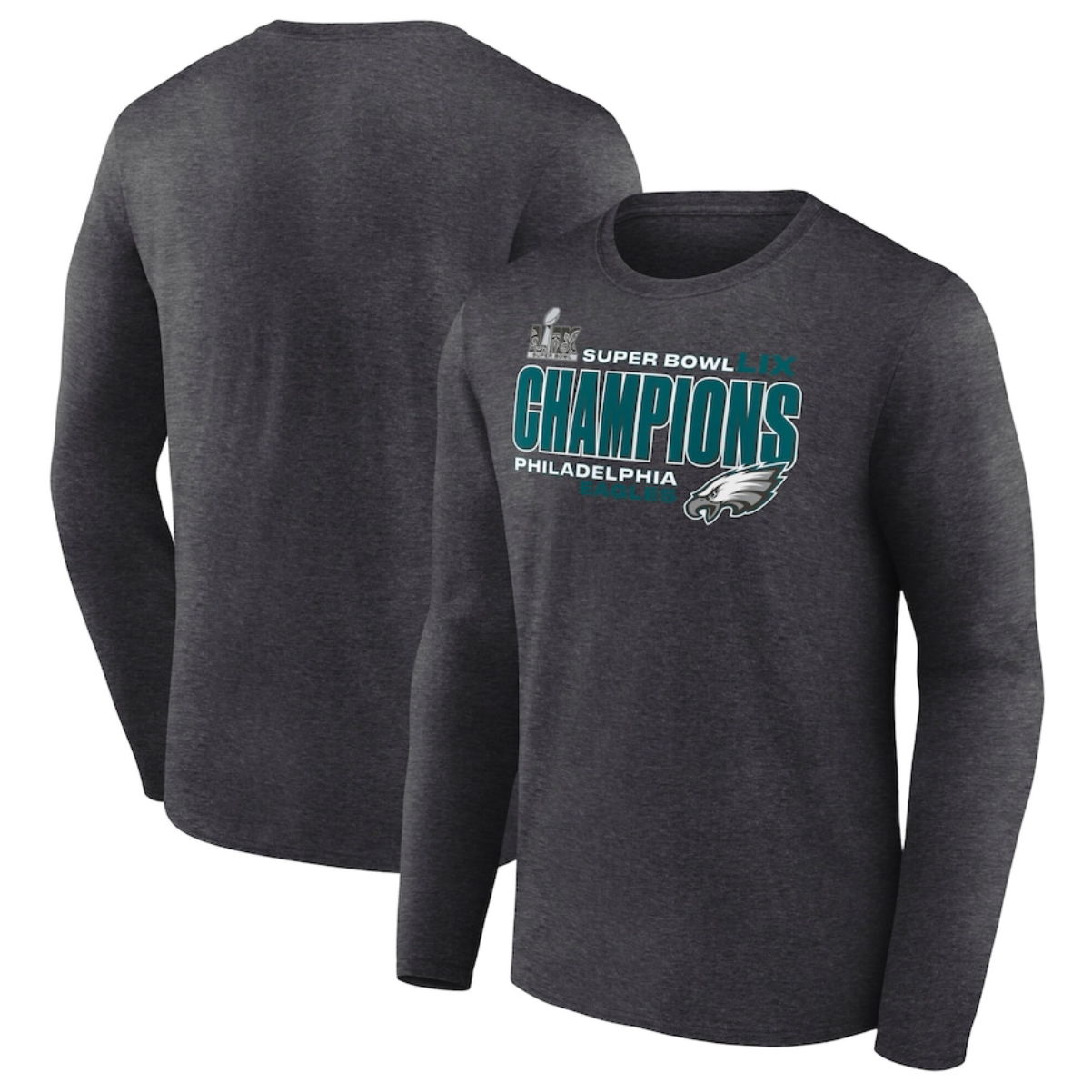 Men's Philadelphia Eagles Heather Charcoal Super Bowl LIX Champions Big & Tall Under The Lights Long Sleeve T-Shirt