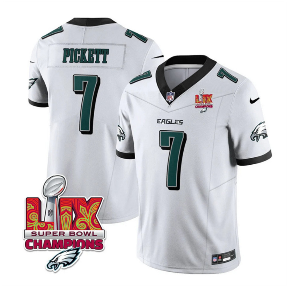 Men's Philadelphia Eagles #7 Kenny Pickett White 2025 Eagles Logo Super Bowl LIX Patch New F.U.S.E. Vapor Limited Stitched Football Jersey Men's Philadelphia Eagles #7 Kenny Pickett White 2025 Eagles Logo Super Bowl LIX Patch New F.U.S.E. Vapor Limited Stitched Football Jersey