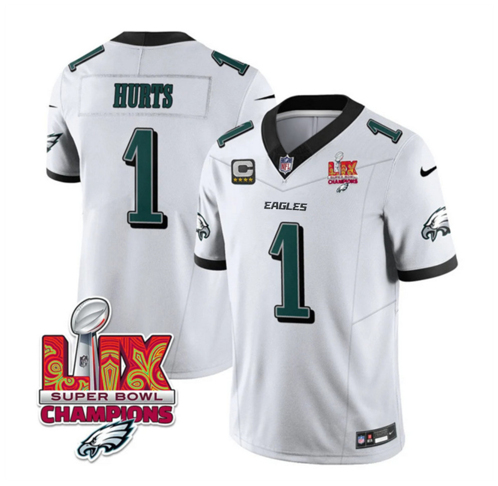 Men's Philadelphia Eagles #1 Jalen Hurts White 2025 Eagles Logo Super Bowl LIX Patch And 4-Star C Patch New F.U.S.E. Vapor Untouchable Limited Stitched Football Jersey