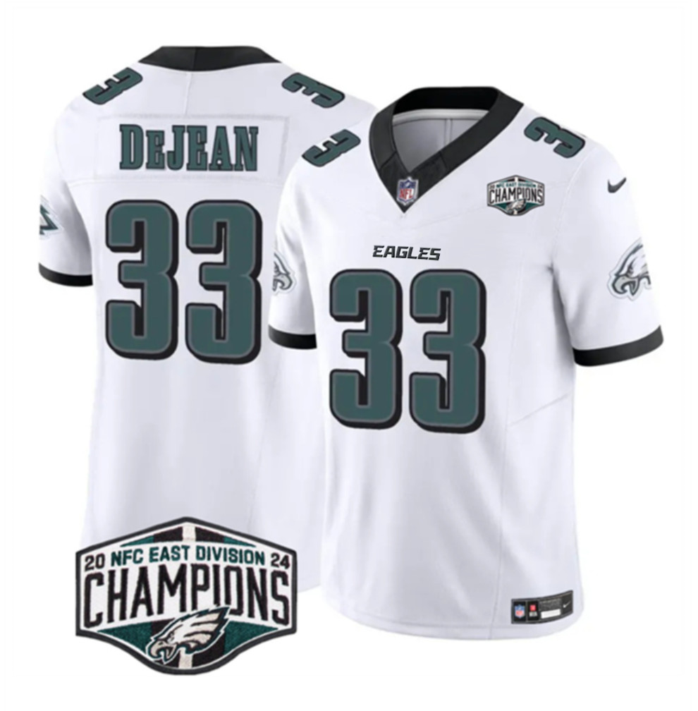 Men's Philadelphia Eagles #33 Cooper DeJean White 2024 NFC East Champions F.U.S.E. Vapor Untouchable Limited Stitched Football Jersey Men's Philadelphia Eagles #33 Cooper DeJean White 2024 NFC East Champions F.U.S.E. Vapor Untouchable Limited Stitched Football Jersey