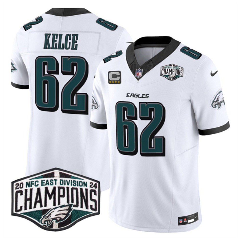 Men's Philadelphia Eagles #62 Jason Kelce White 2024 New NFC East Champions With 4-Star C Patch F.U.S.E. Vapor Untouchable Limited Stitched Football Jersey Men's Philadelphia Eagles #62 Jason Kelce White 2024 New NFC East Champions With 4-Star C Patch F.U.S.E. Vapor Untouchable Limited Stitched Football Jersey