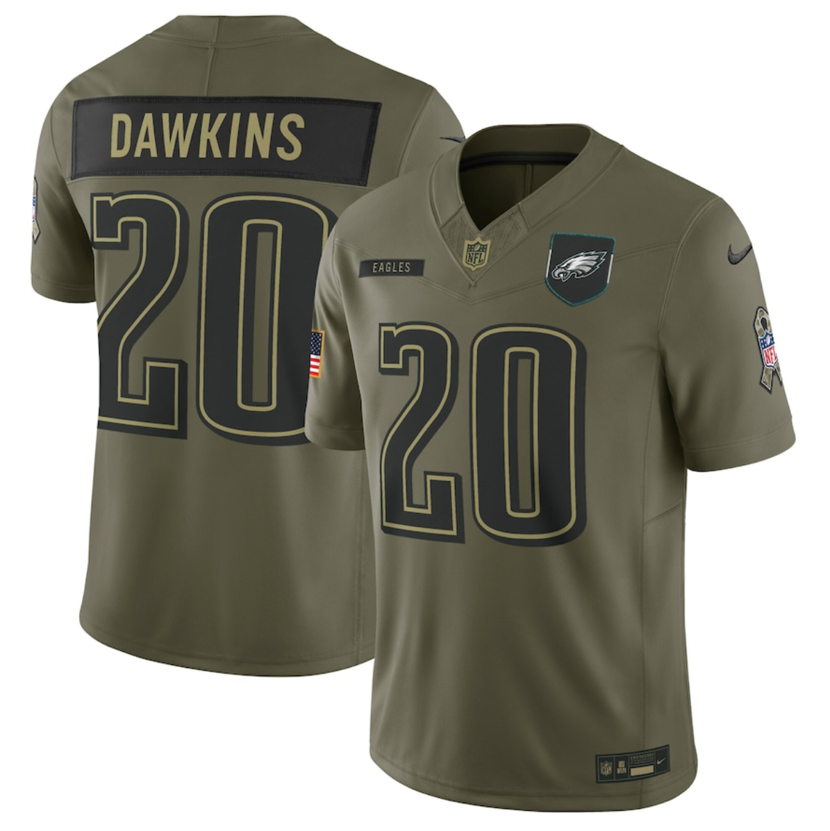 Men's Philadelphia Eagles #20 Brian Dawkins Olive 2025 Salute to Service Limited Stitched Football Jersey Men's Philadelphia Eagles #20 Brian Dawkins Olive 2025 Salute to Service Limited Stitched Football Jersey