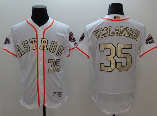Astros #35 Justin Verlander White FlexBase Authentic 2017 World Series Champions Gold Program Stitched MLB Jersey