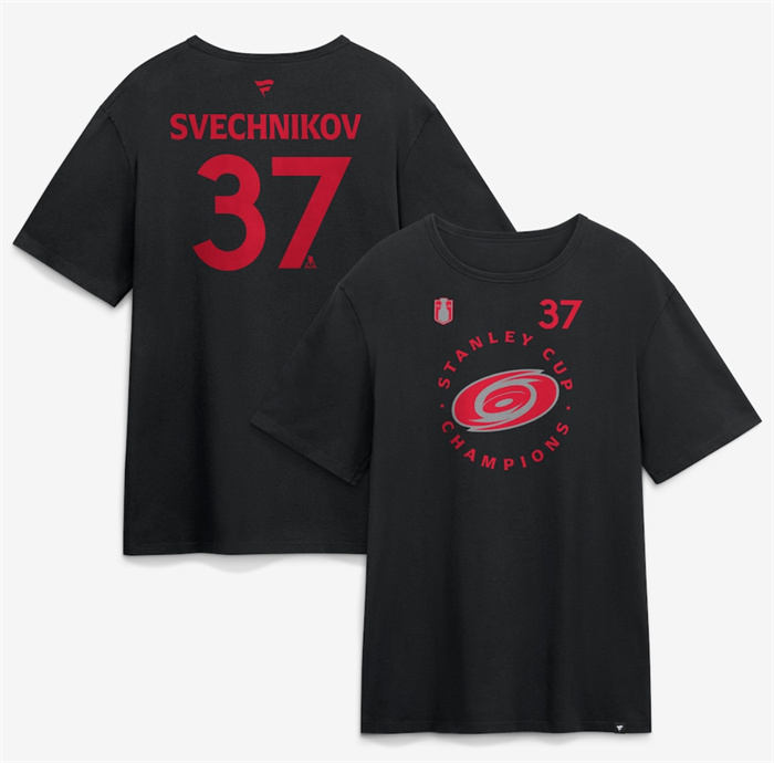 Men's Carolina Hurricanes #37 Andrei Svechnikov Black 2026 Stanley Cup Champions Name & Number T-Shirt