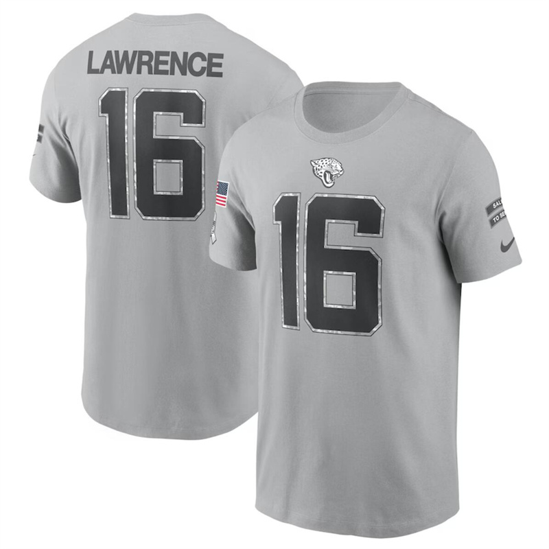 Men's Jacksonville Jaguars #16 Trevor Lawrence 2024 Gray Salute To Service Name & Number T-Shirt Men's Jacksonville Jaguars #16 Trevor Lawrence 2024 Gray Salute To Service Name & Number T-Shirt