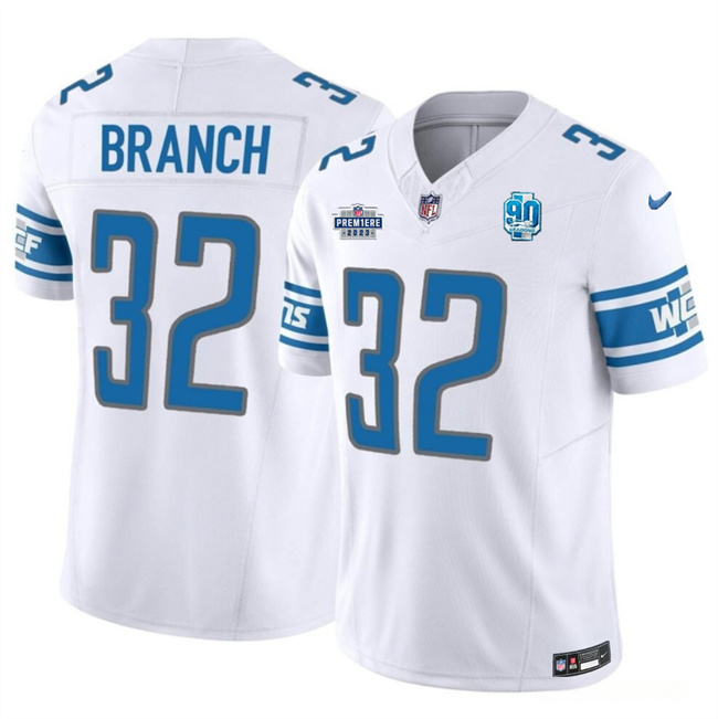 Men's Detroit Lions #32 Brian Branch White 2023 F.U.S.E. With Prem1ere Patch 90th Anniversary Vapor Untouchable Limited Stitched Football Jersey