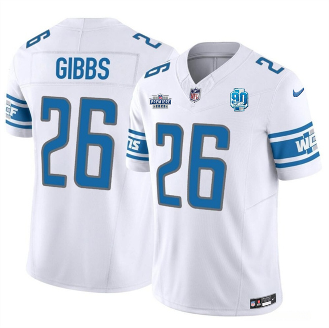 Men's Detroit Lions #26 Jahmyr Gibbs White 2023 F.U.S.E. With Prem1ere Patch 90th Anniversary Vapor Untouchable Limited Stitched Football Jersey
