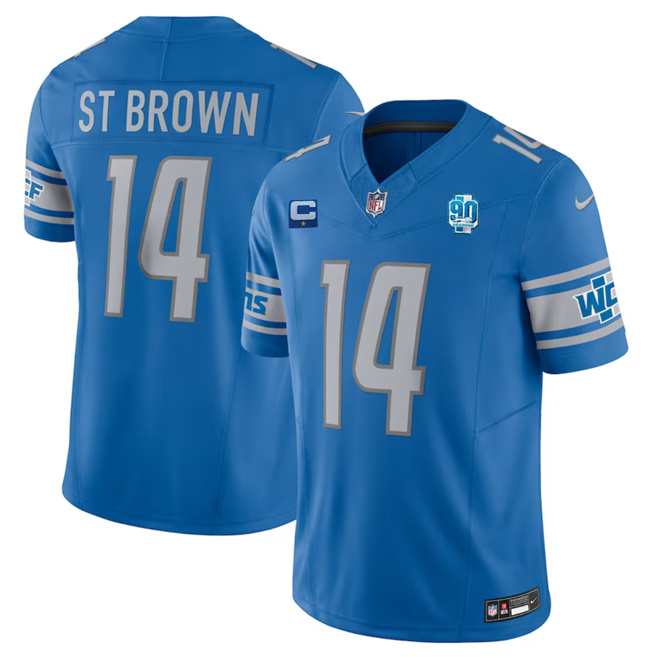 Men's Detroit Lions #14 Amon-Ra St. Brown Blue 2023 F.U.S.E. With 1-Star C Patch And 90th Anniversary Patch Vapor Untouchable Limited Stitched Jersey
