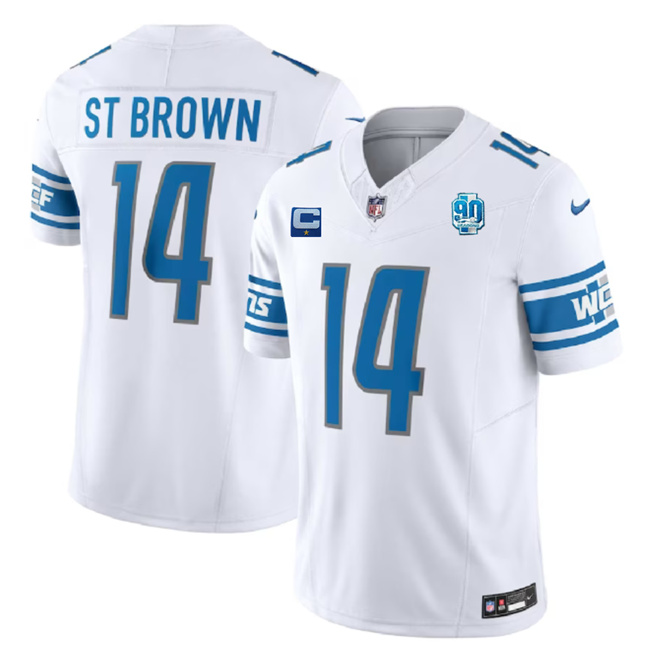 Men's Detroit Lions #14 Amon-Ra St. Brown White 2023 F.U.S.E. With 1-Star C Patch And 90th Anniversary Patch Vapor Untouchable Limited Stitched Jersey