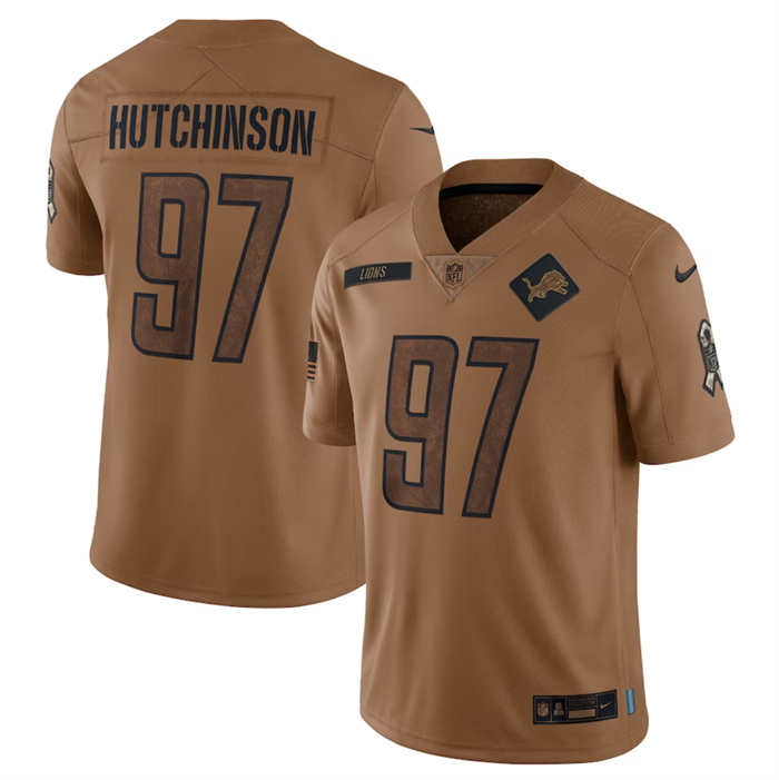 Men's Detroit Lions #97 Aidan Hutchinson 2023 Brown Salute To Service Limited Football Jersey