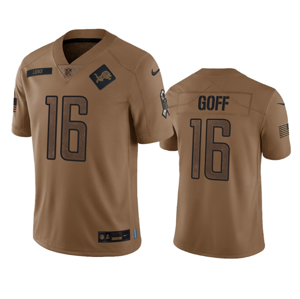 Men's Detroit Lions #16 Jared Goff 2023 Brown Salute To Service Limited Stitched Jersey