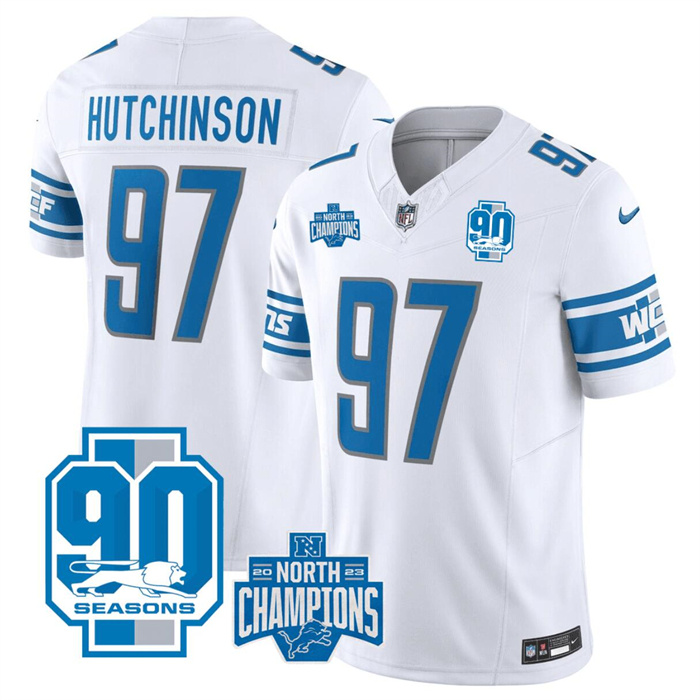 Men's Detroit Lions #97 Aidan Hutchinson White 2023 F.U.S.E. 90th Anniversary NFC North Division Champions Vapor Untouchable Limited Stitched Jersey