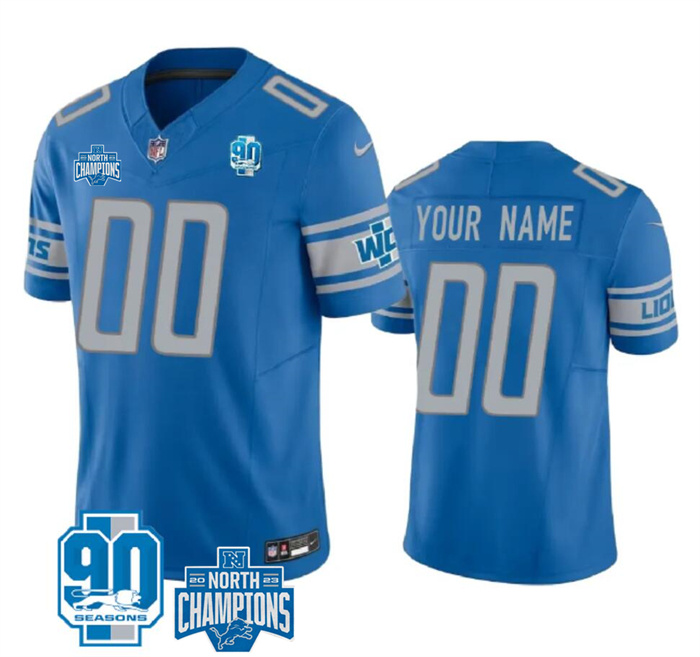Men's Detroit Lions Active Player Custom Blue 2023 F.U.S.E. 90th Anniversary NFC North Division Champions Vapor Limited Stitched Football Jersey