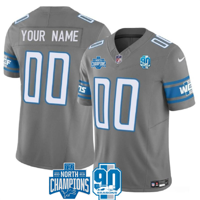 Men's Detroit Lions Active Player Custom Grey 2023 F.U.S.E. 90th Anniversary NFC North Division Champions Vapor Limited Stitched Football Jersey