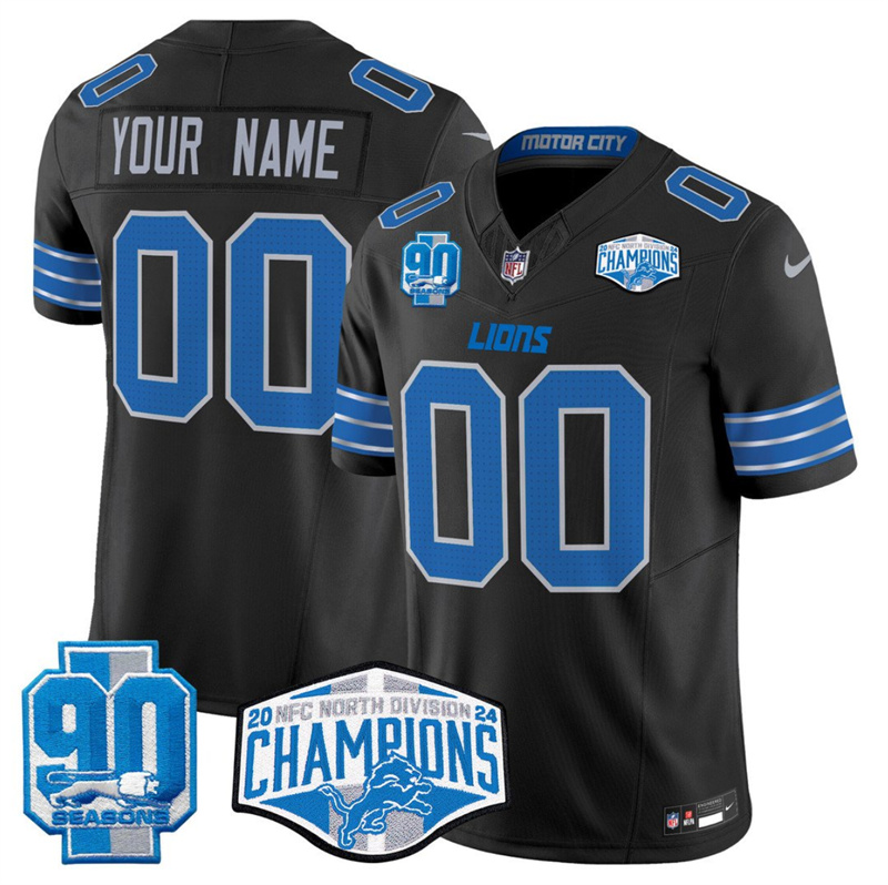 Men's Detroit Lions Actiive Player Custom Black 2024 NFC North Champions 90th Anniversary Patch F.U.S.E. Vapor Limited Stitched Jersey