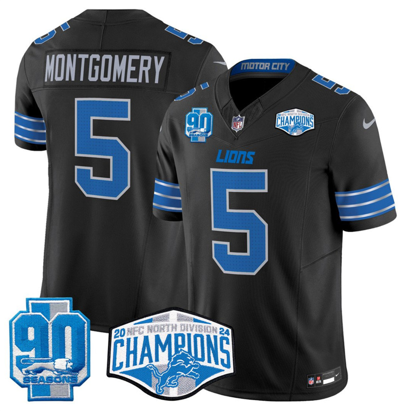 Men's Detroit Lions #5 David Montgomery Black 2024 NFC North Champions 90th Anniversary Patch F.U.S.E. Vapor Limited Stitched Jersey Men's Detroit Lions #5 David Montgomery Black 2024 NFC North Champions 90th Anniversary Patch F.U.S.E. Vapor Limited Stitched Jersey