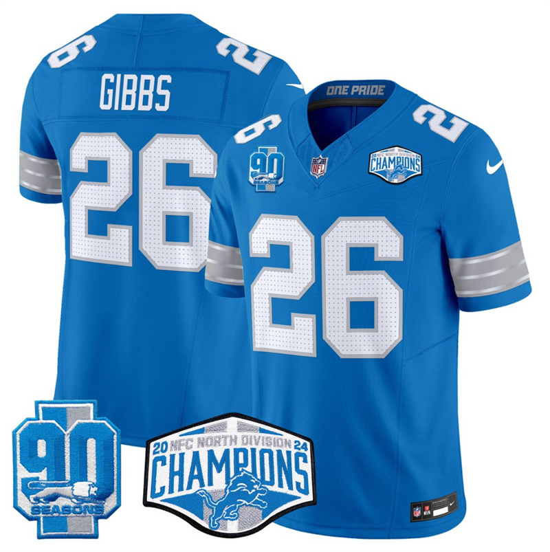 Men's Detroit Lions #26 Jahmyr Gibbs Blue 2024 NFC North Champions 90th Anniversary Patch F.U.S.E. Vapor Limited Stitched Jersey Men's Detroit Lions #26 Jahmyr Gibbs Blue 2024 NFC North Champions 90th Anniversary Patch F.U.S.E. Vapor Limited Stitched Jersey
