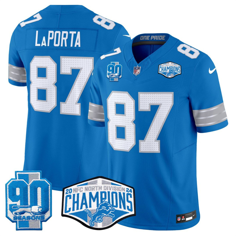 Men's Detroit Lions #87 Sam LaPorta Blue 2024 NFC North Champions 90th Anniversary Patch F.U.S.E. Vapor Limited Stitched Jersey Men's Detroit Lions #87 Sam LaPorta Blue 2024 NFC North Champions 90th Anniversary Patch F.U.S.E. Vapor Limited Stitched Jersey