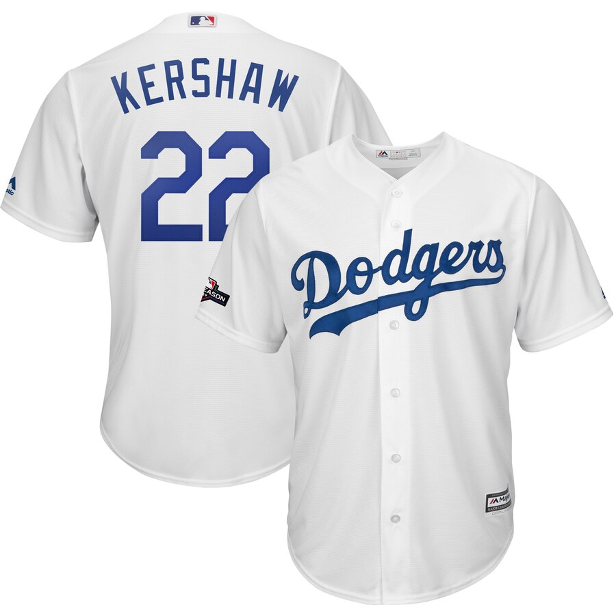 Los Angeles Dodgers #22 Clayton Kershaw Majestic 2019 Postseason Home Official Cool Base Player Jersey White