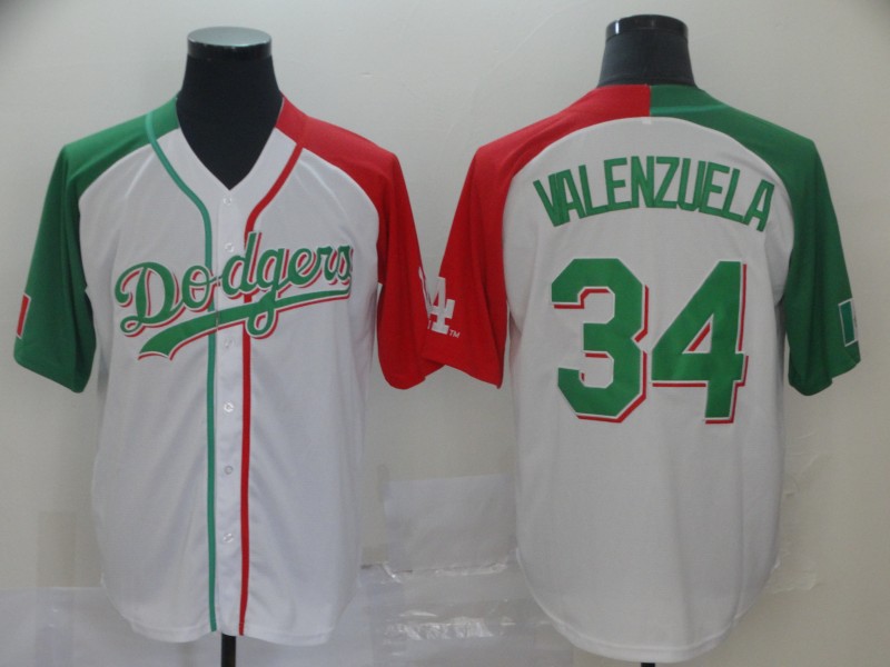 Dodgers #34 Fernando Valenzuela White Red/Green Split Cool Base Stitched MLB Jersey