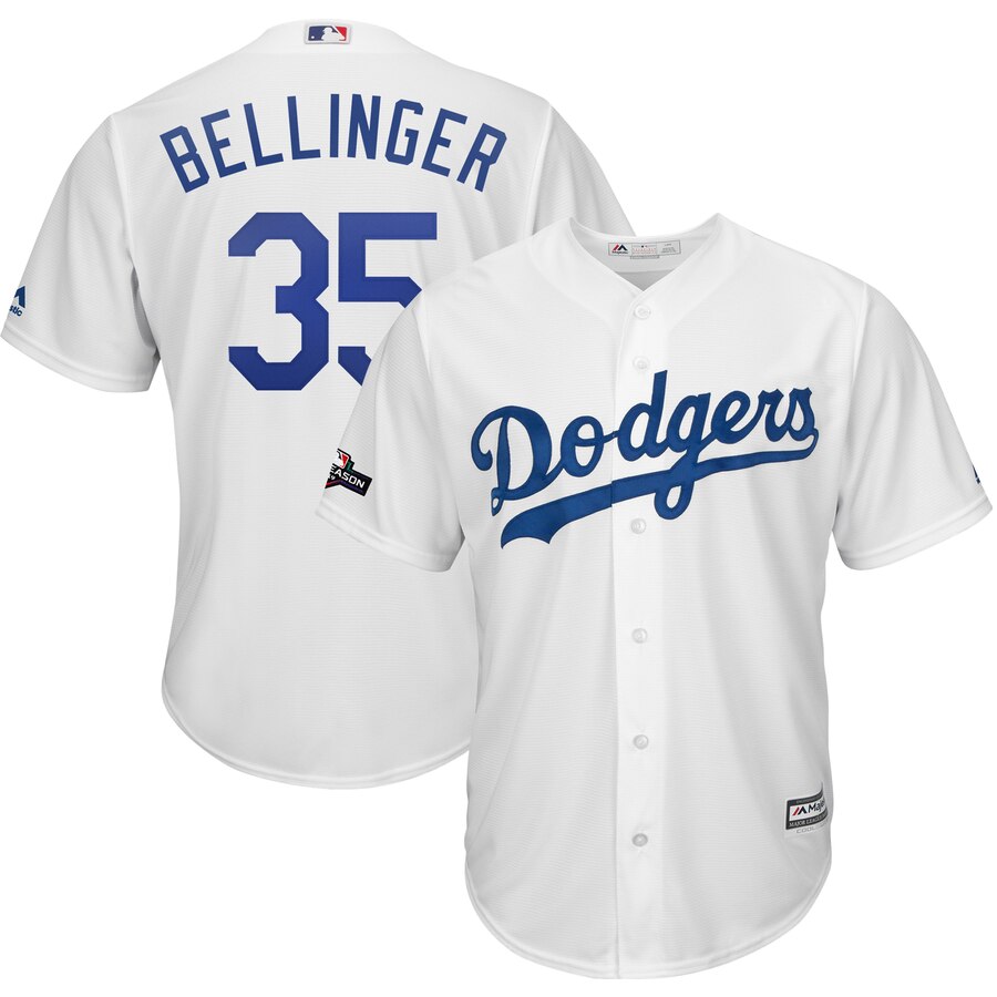 Los Angeles Dodgers #35 Cody Bellinger Majestic 2019 Postseason Home Official Cool Base Player Jersey White