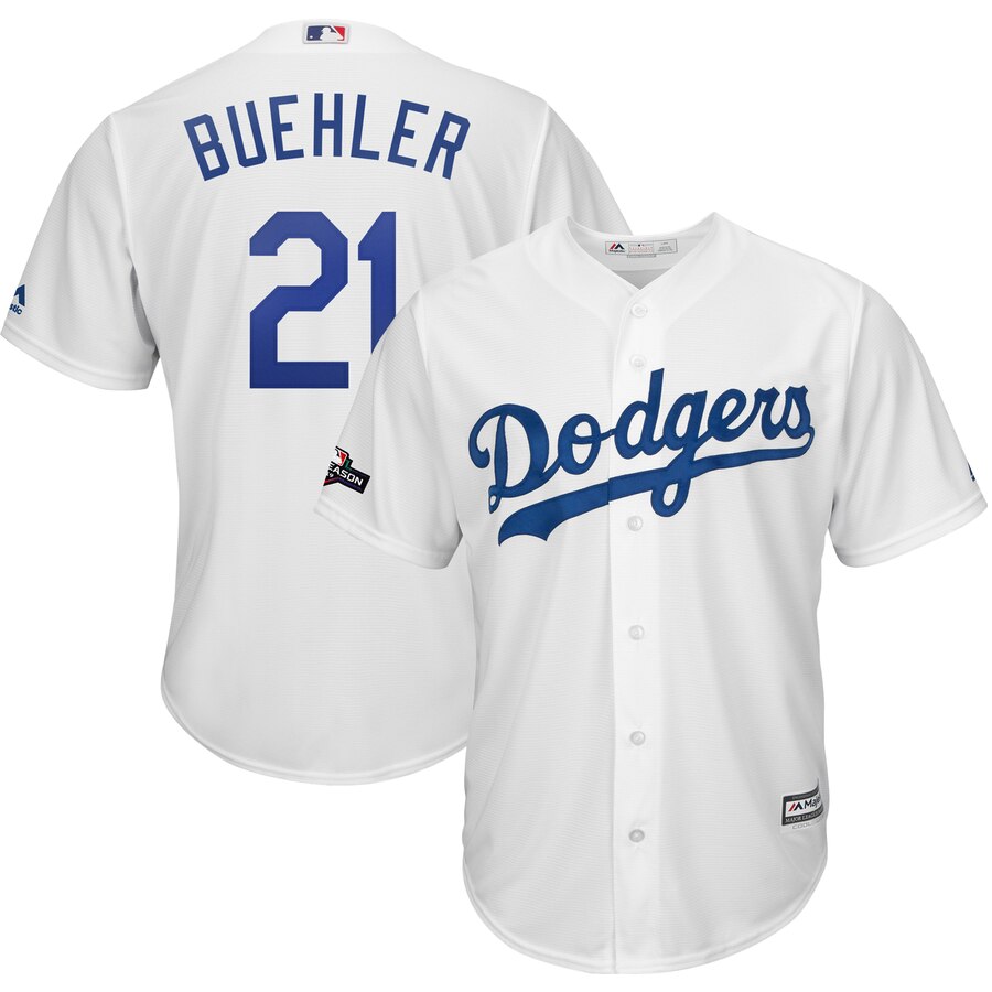 Los Angeles Dodgers #21 Walker Buehler Majestic 2019 Postseason Home Official Cool Base Player Jersey White