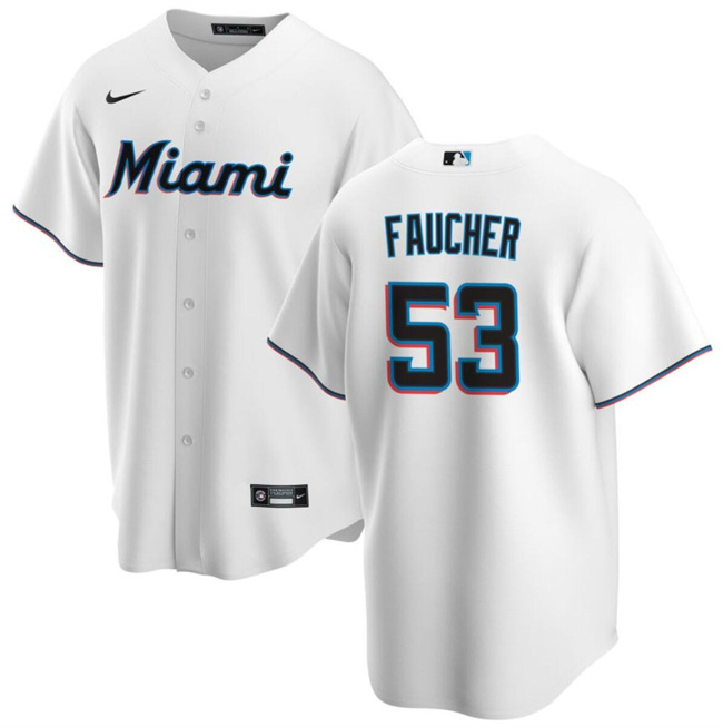 Men's Miami Marlins #53 Calvin Faucher White Cool Base Stitched Baseball Jersey