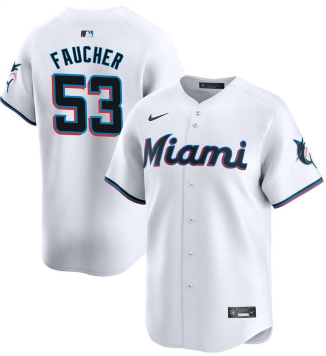 Men's Miami Marlins #53 Calvin Faucher White Home Limited Stitched Baseball Jersey
