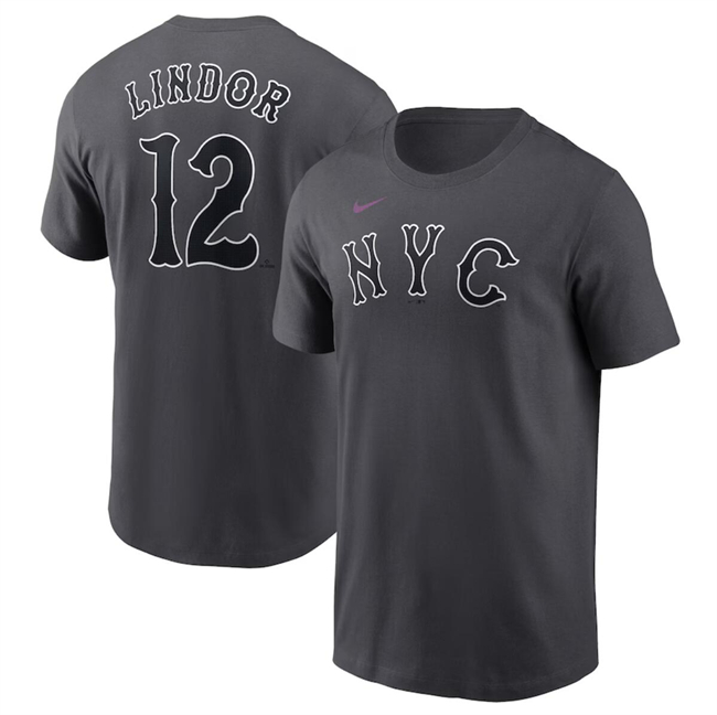 Men's New York Mets #12 Francisco Lindor Graphite 2024 City Connect Fuse Name & Number T-Shirt