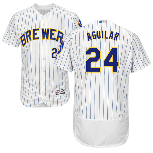 Brewers #24 Jesus Aguilar White Strip Flexbase Authentic Collection Stitched MLB Jersey