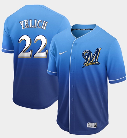 Nike Brewers #22 Christian Yelich Royal Fade Authentic Stitched MLB Jersey