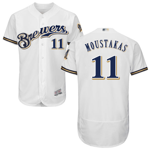 Brewers #11 Mike Moustakas White Flexbase Authentic Collection Stitched MLB Jersey