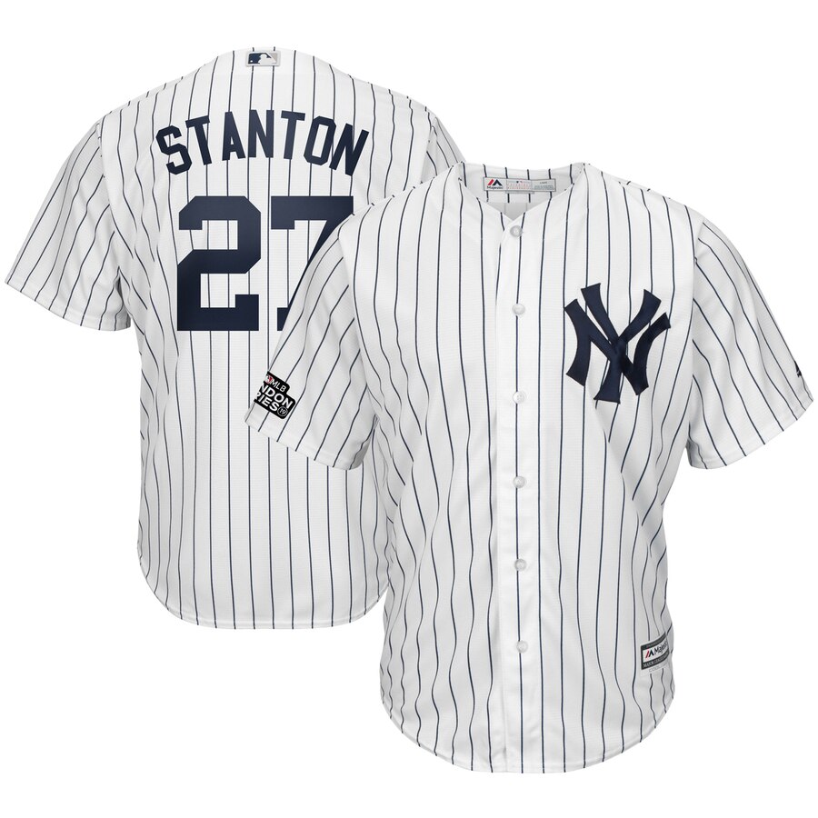 New York Yankees #27 Giancarlo Stanton Majestic 2019 London Series Cool Base Player Jersey White Navy