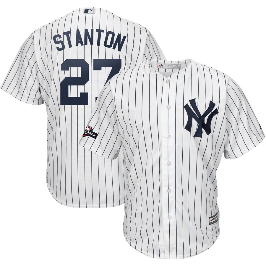 New York Yankees #27 Giancarlo Stanton Majestic 2019 Postseason Official Cool Base Player Jersey White Navy