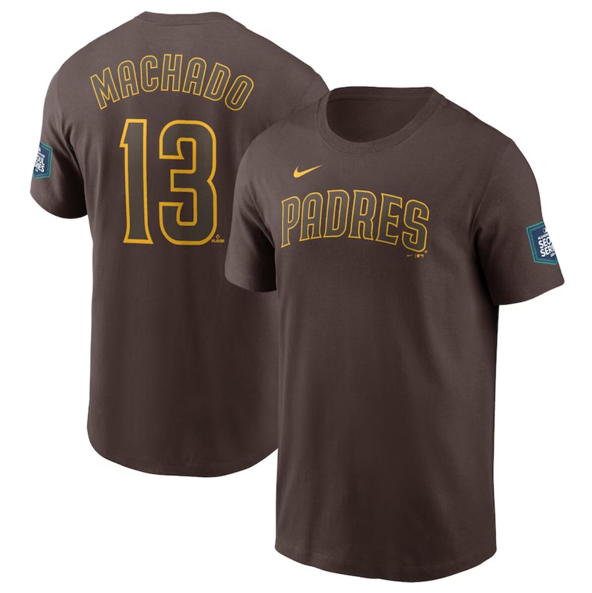 Men's San Diego Padres #13 Manny Machado Brown 2024 World Tour Seoul Series Name & Number T-Shirt