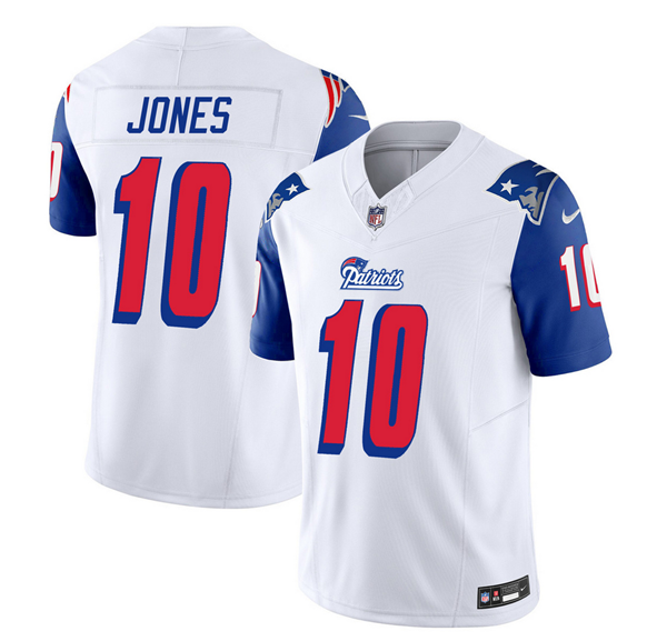 Men's New England Patriots #10 Mac Jones White/Blue 2023 F.U.S.E. Throwback Limited Stitched Football Jersey