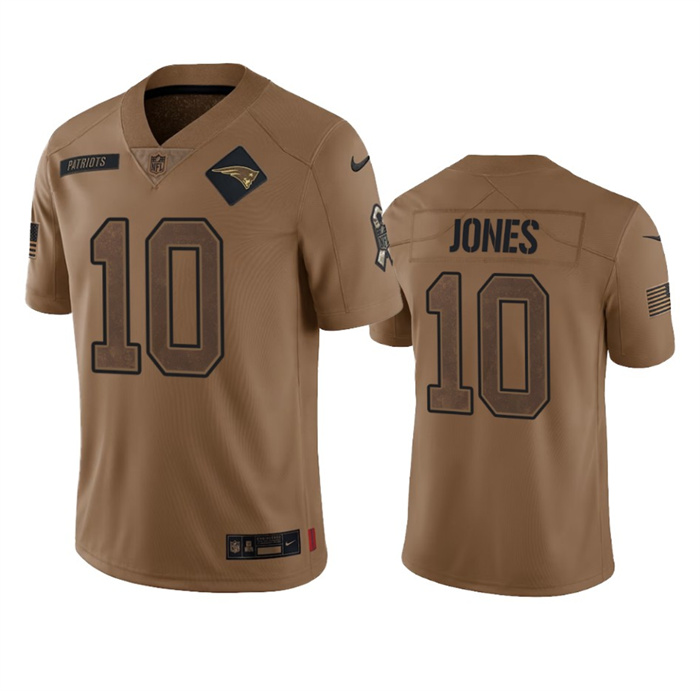 Men's New England Patriots #10 Mac Jones 2023 Brown Salute To Service Limited Stitched Football Jersey