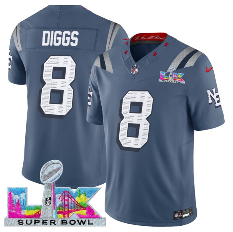 Men's New England Patriots #8 Stefon Diggs Storm Blue 2025 F.U.S.E. Super Bowl LX Patch “Rivalries” Vapor Limited Stitched Football Jersey